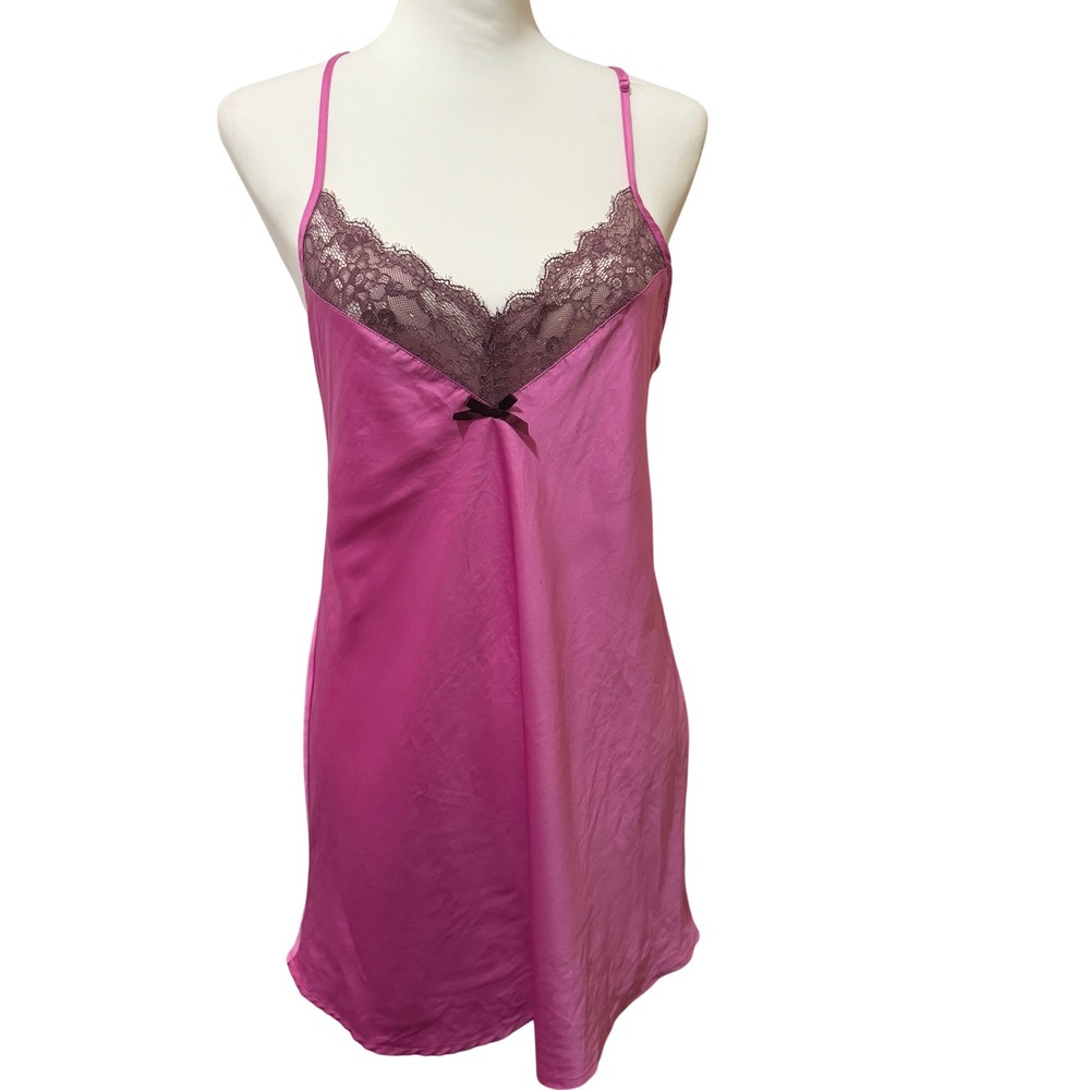 VTG Jezebel Pink Satin Lace Trim Chemise Slip Dress Y2k Fairycore Nightgown Sz S